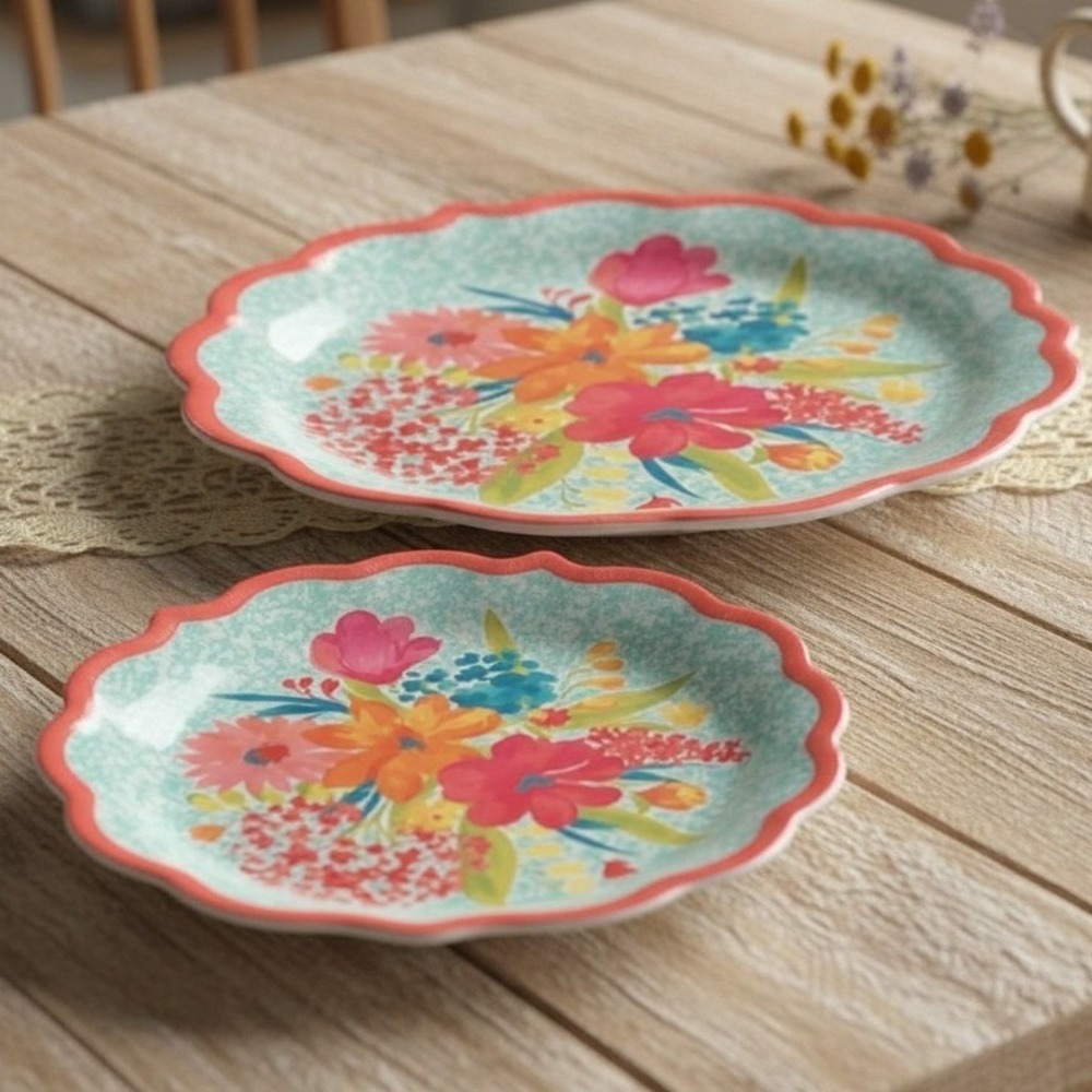 Pioneer Woman 11" Sunny Days Coral Floral Melamine Dinner Plates Set Of 2